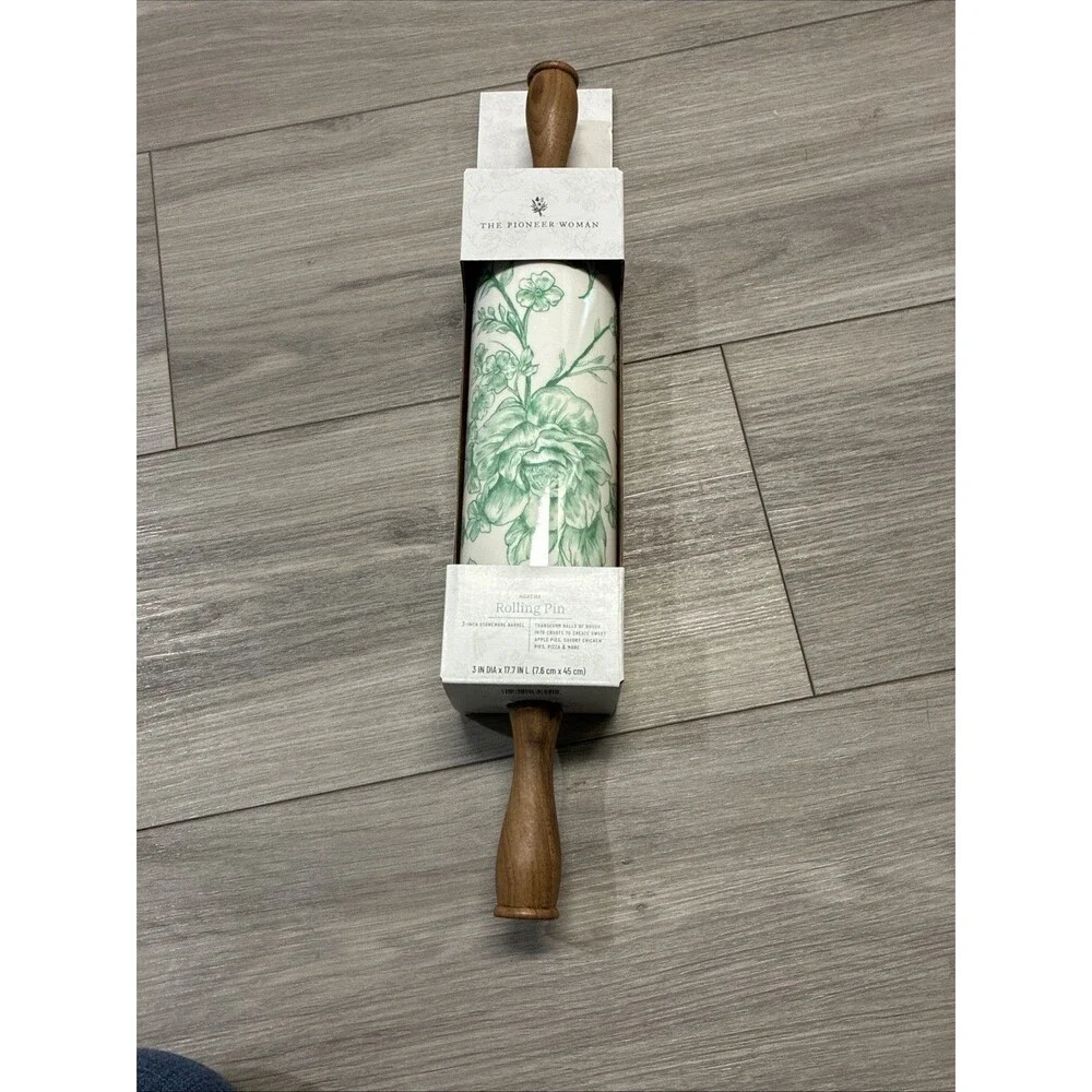 NEW-Pioneer Woman AGATHA Green Rolling Pin-Olivewood Handles-Butterflies